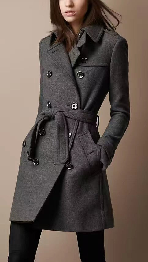 Women's Double-Breasted Wool Blend Trench Coat with Waist Belt Mune Fashion