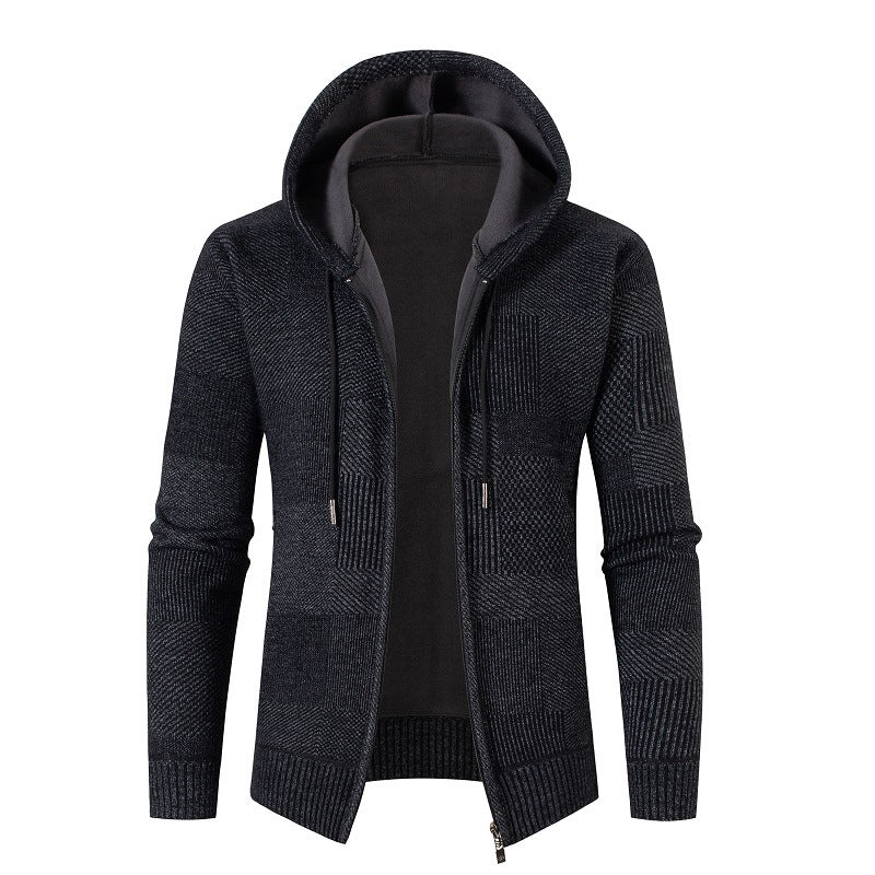 Men's Knit Hoodie Jacket with Full Zipper, Lined Hood and Structured Patchwork Look Mune Fashion