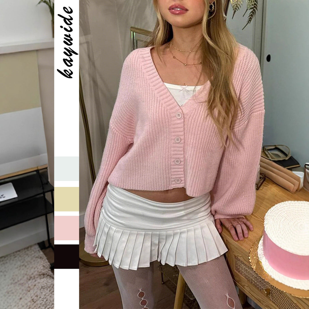 Women's short ribbed cardigan with oversized balloon sleeves and button placket Mune Fashion