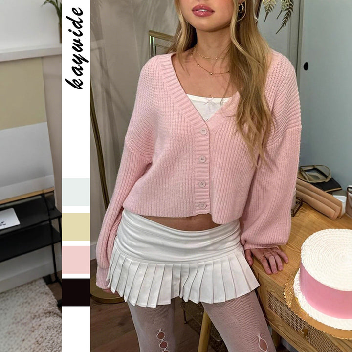 Women's short ribbed cardigan with oversized balloon sleeves and button placket Mune Fashion