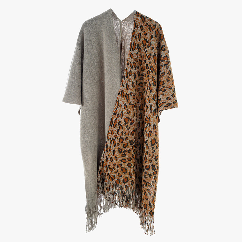 Women's Two-Tone Wool Blend Coat Poncho in Kimono Cut with Animal Jacquard and Fringe Hem Mune Fashion