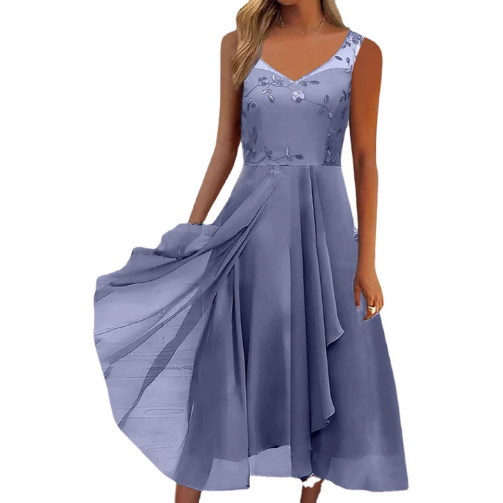 Women A-line chiffon dress with floral embroidered bodice, V-neck, draped godet swing and concealed side pockets Mune Fashion