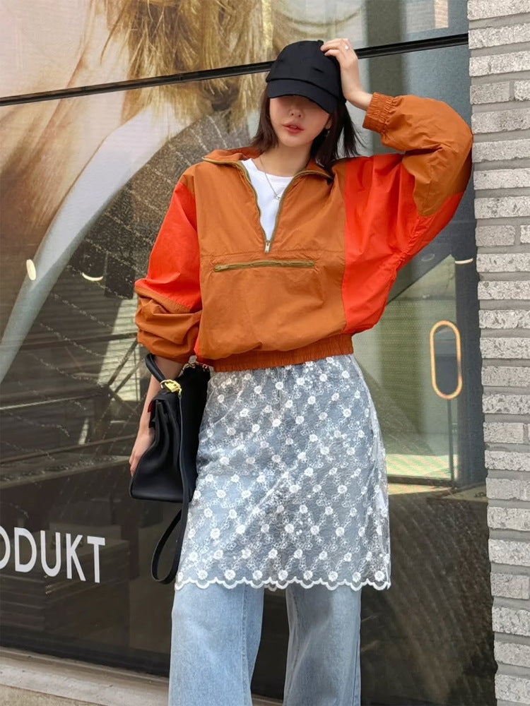 Women’s Short Cut Two-Tone Half Zip Utility Jacket with Elastic Hem and Zipper Pocket Mune Fashion