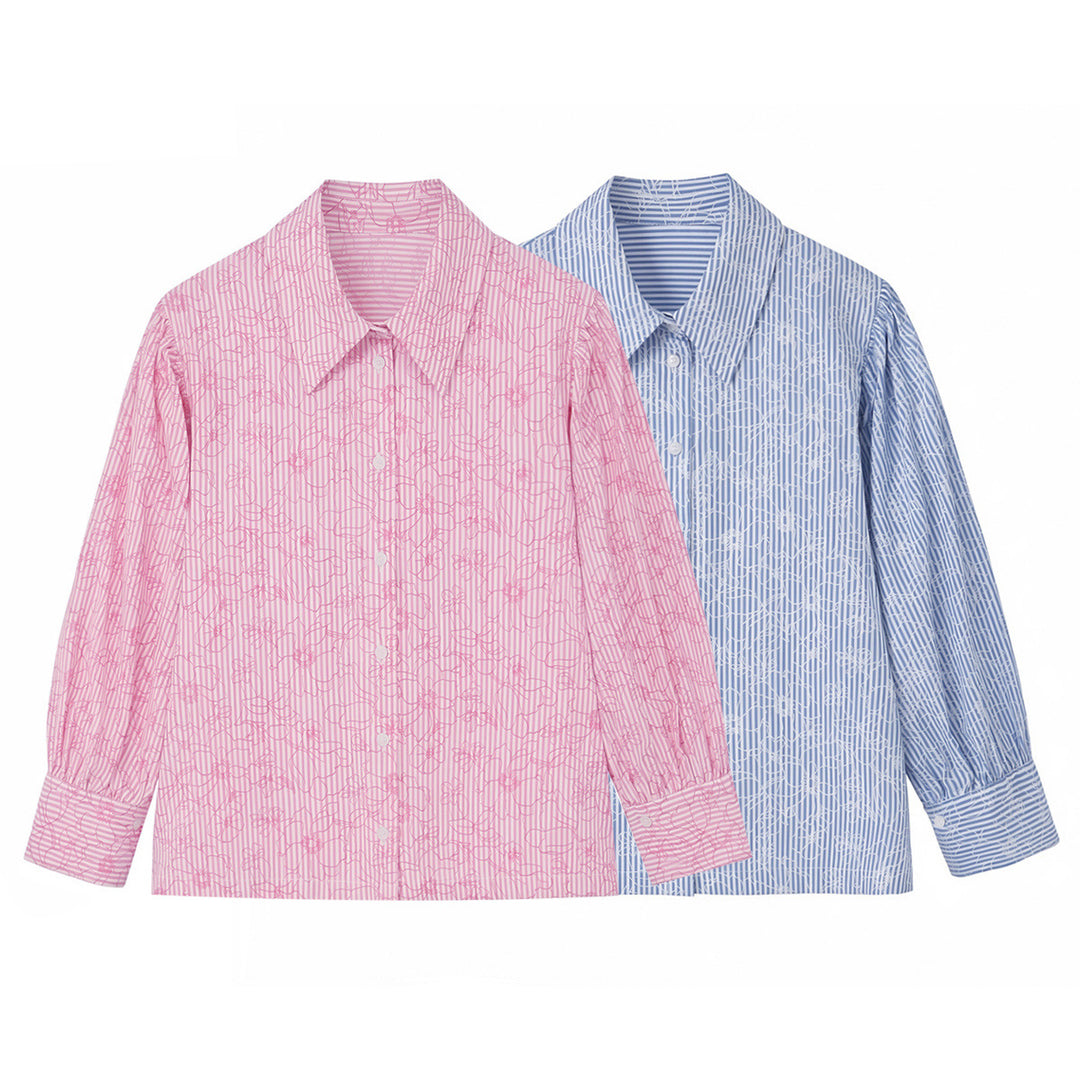 Women's shirt blouse with floral linear pattern and wide collar Mune Fashion