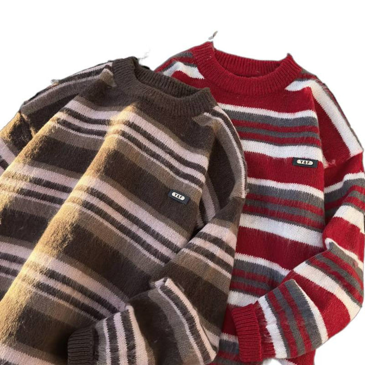 Unisex Striped Oversized Mohair-Look Sweater with Round Neck and Soft Texture Mune Fashion