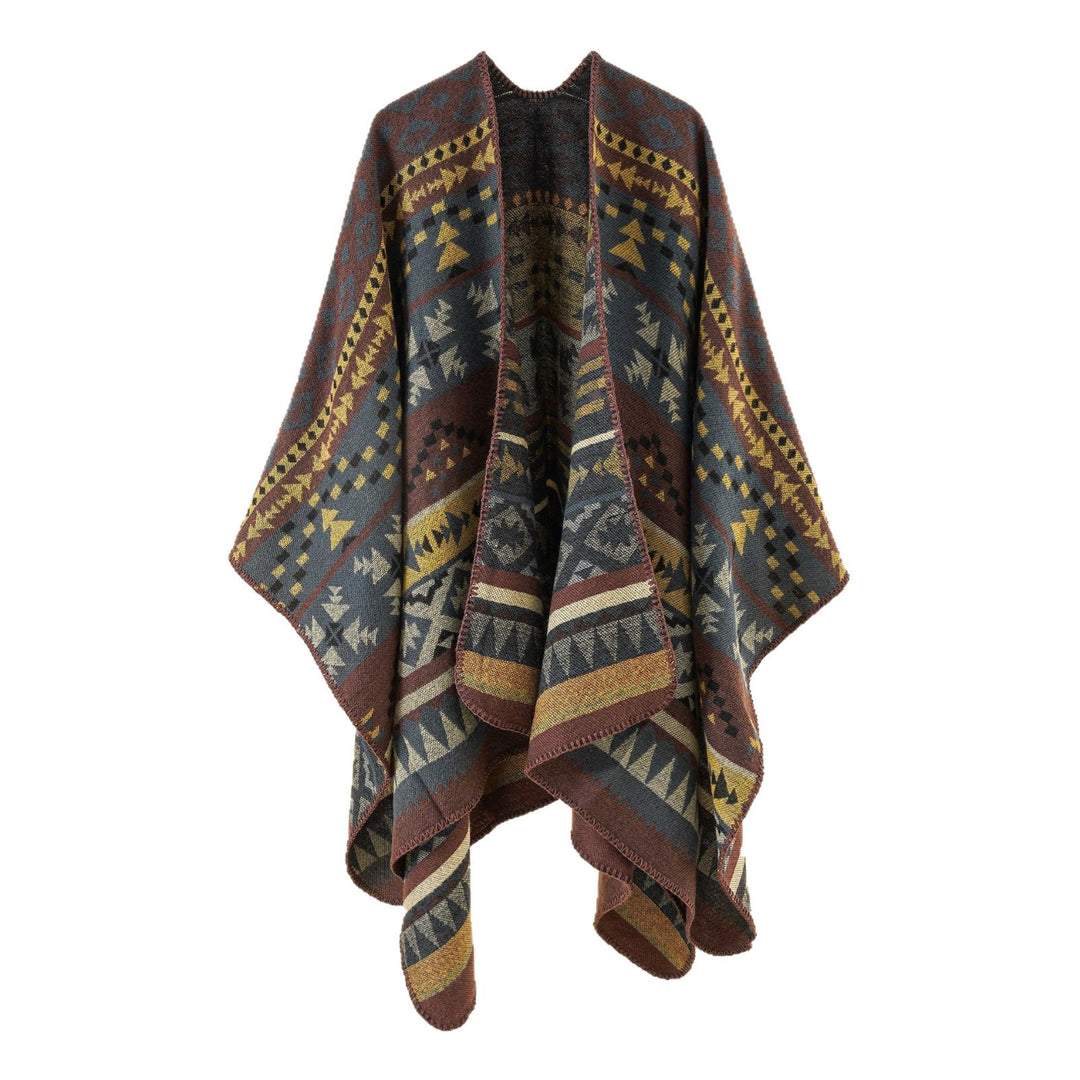 Women's coarse woven ethnic poncho with fringes Mune Fashion
