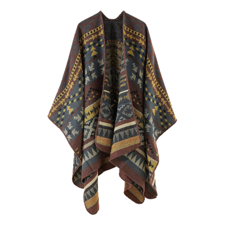 Women Oversize Knit Poncho with Ethno-Geometric Pattern Mune Fashion