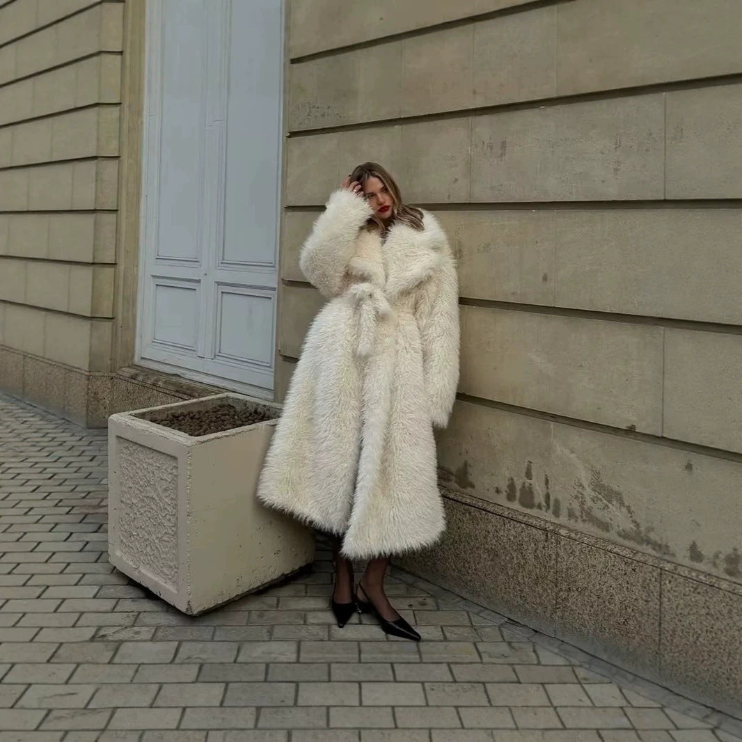 Women’s Maxi Faux Fur Coat with Voluminous Shawl Collar and Wrap Belt Mune Fashion