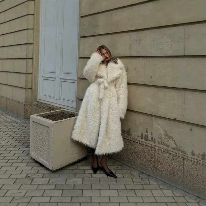 Women’s Maxi Faux Fur Coat with Voluminous Shawl Collar and Wrap Belt Mune Fashion
