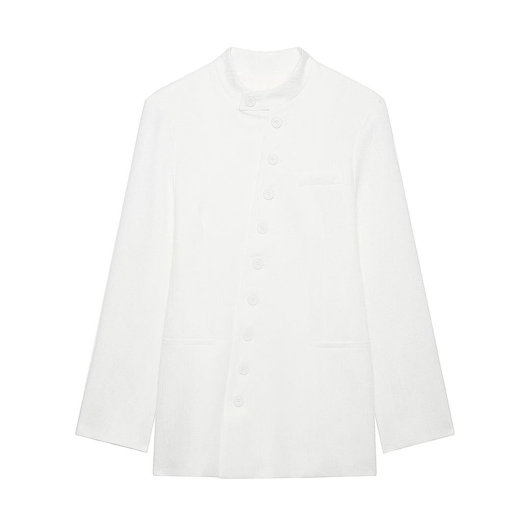 Women's Mandarin Collar Long Blazer with Button Placket and Patch Pockets Mune Fashion