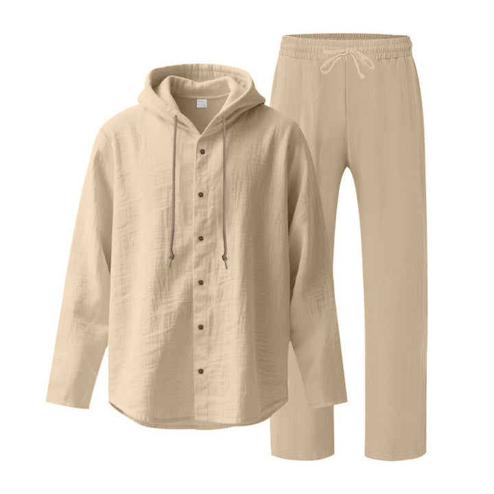 Men's two-piece lounge set with button hoodie shirt made of crepe jersey and straight drawstring pants Mune Fashion