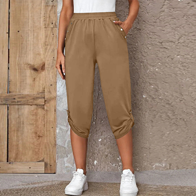 Women's casual three-quarter length pants with elastic waistband, side pockets and roll-up hem Mune Fashion
