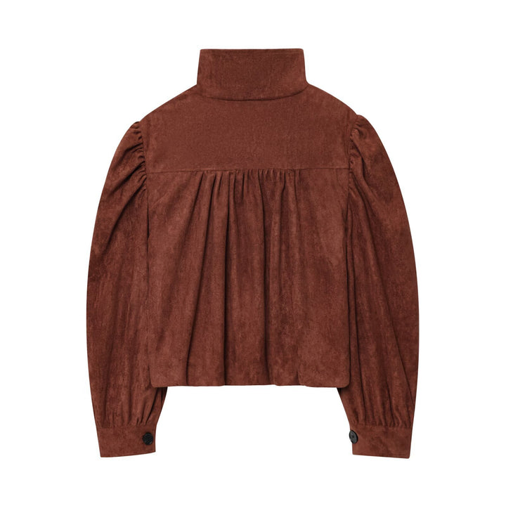 Women's short jacket made of faux suede with a stand-up collar, gathered balloon sleeves, and button placket Mune Fashion