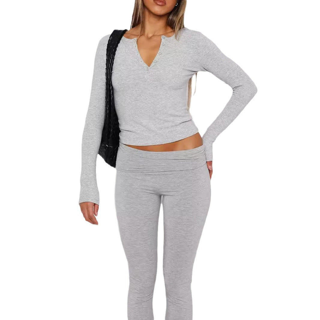 Women Ribbed Long Sleeve Henley Cropped Shirt Mune Fashion