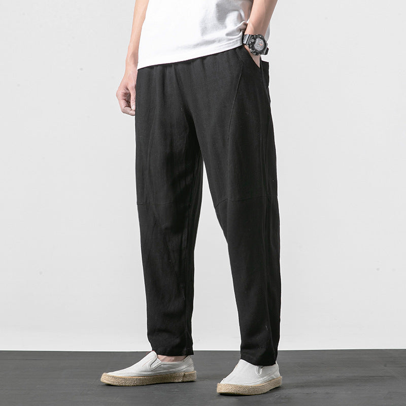 Men's Soft Linen Blend Lounge Pants with Dropped Crotch, Elastic Waistband, and Tapered Leg Mune Fashion