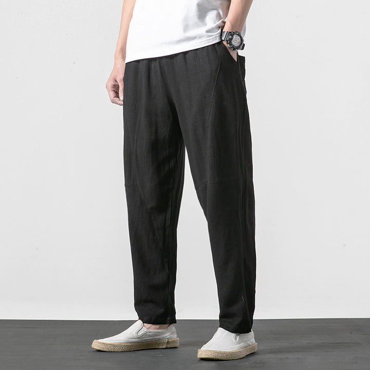 Men's Soft Linen Blend Lounge Pants with Dropped Crotch, Elastic Waistband, and Tapered Leg Mune Fashion