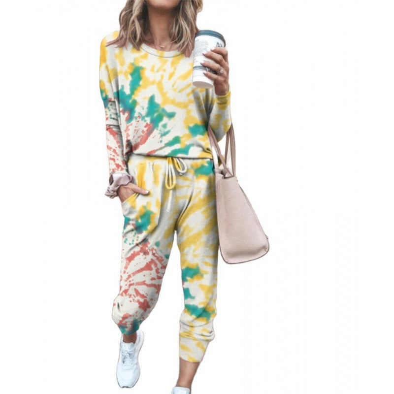 Women Casual Tie-Dye Lounge Jumpsuit with Drawstring and Pocket Mune Fashion