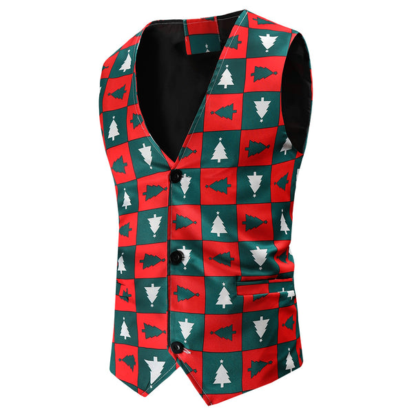 Men's Festive Satin Waistcoat with Christmas Design, Tailored Fit and V-Neck Mune Fashion