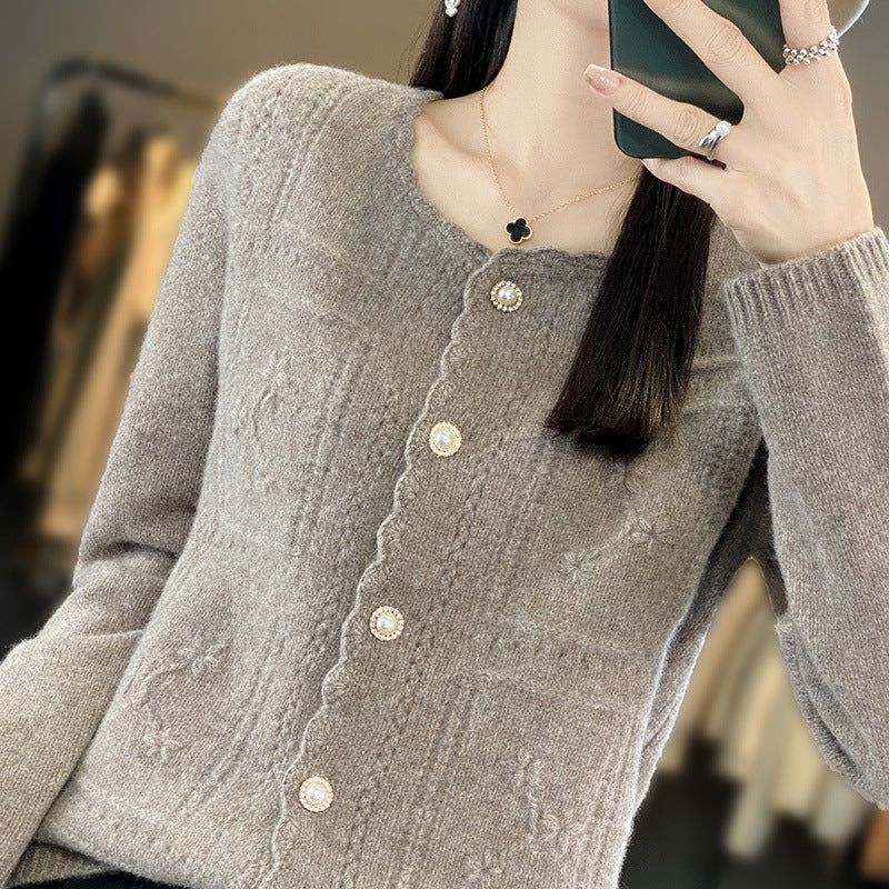 Ladies Embellished Knit Cardigan with Pearl Buttons and Openwork Embroidery Mune Fashion