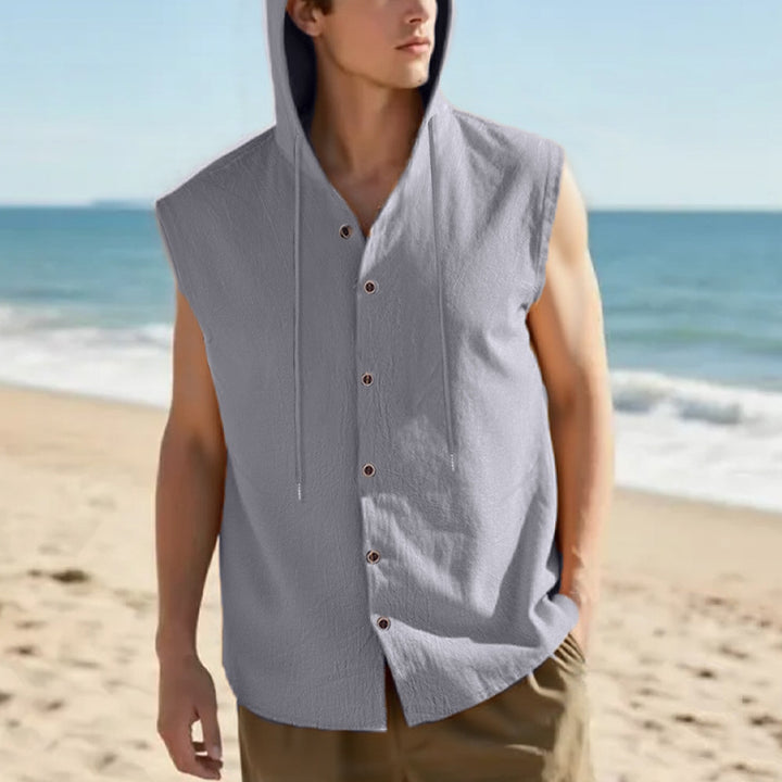 Men's sleeveless hooded shirt in linen look with wooden button placket Mune Fashion