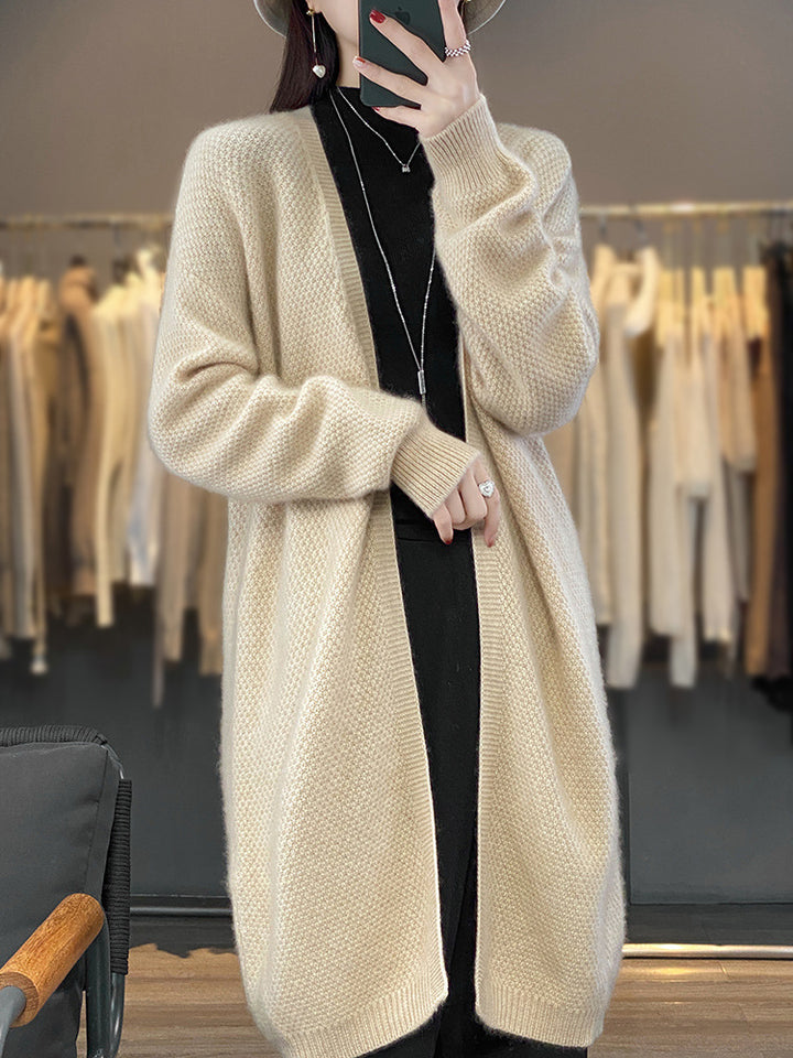 Women’s Long Open Knit Cardigan with Seed Pattern and Ribbed Edges Mune Fashion