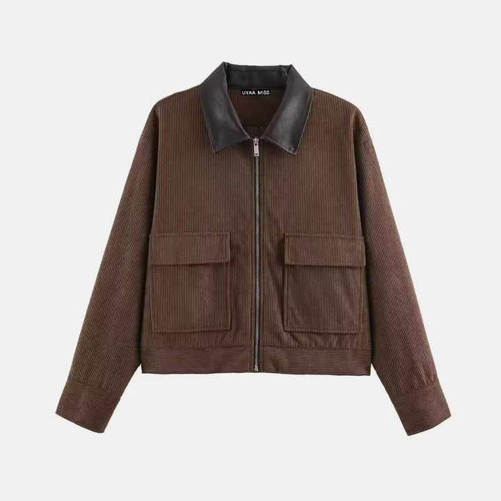 Women's Short Cord Jacket in Blouson Style with Leather Collar and Flap Pockets Mune Fashion