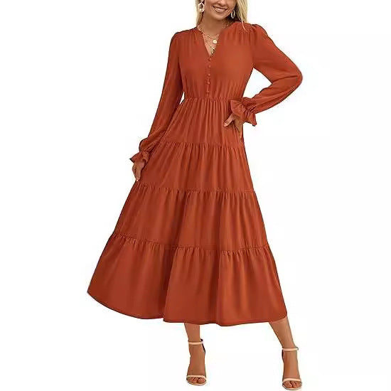 Women's Tiered Midi Dress with V-Neck, Gathered Waist Seam and Ruffle Cuffs Mune Fashion