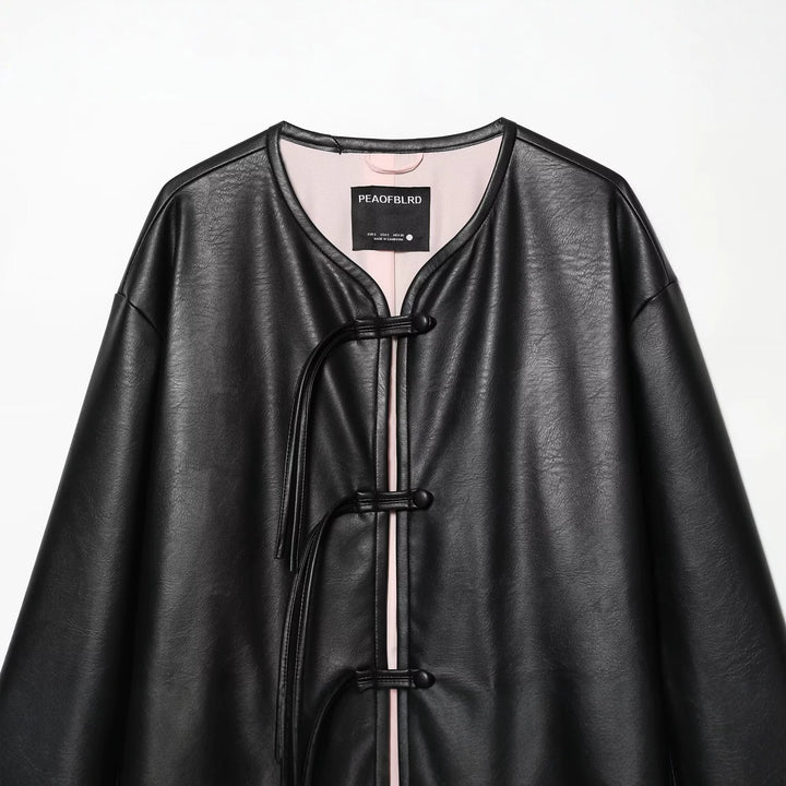 Women Oversize Faux Leather Jacket with Cord Knot Closure and Patch Pockets Mune Fashion