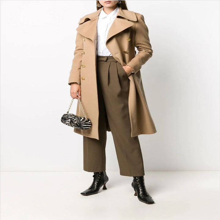 Women Tailored Double-Breasted Coat with Wide Lapels and Gold Decorative Buttons Mune Fashion
