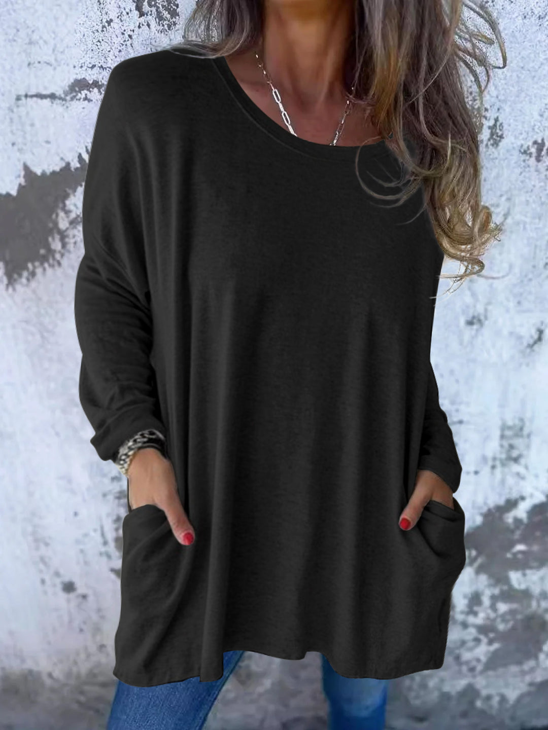 Ladies Soft Oversize Long Shirt with Round Neck, Casual Sleeves and Side Pockets Mune Fashion