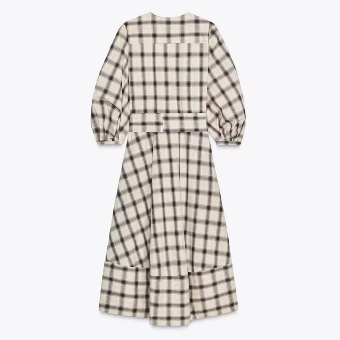 Ladies checked midi dress with balloon sleeves, waist belt and decorative button placket Mune Fashion