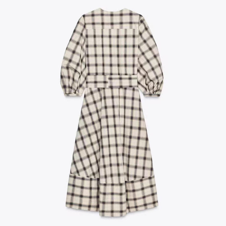 Ladies checked midi dress with balloon sleeves, waist belt and decorative button placket Mune Fashion