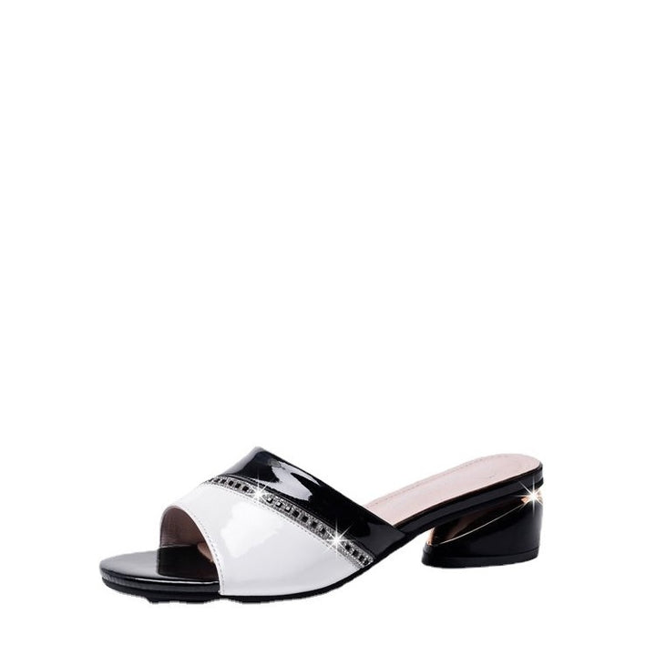 Ladies' elegant slip-ons in patent leather look with low block heel and rhinestone embellishment Mune Fashion