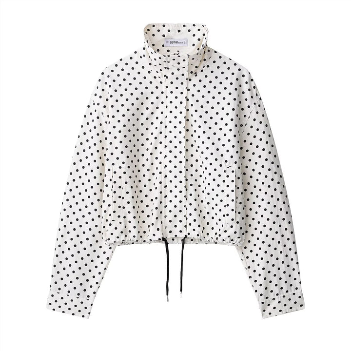 Women's Cropped Transition Jacket with Polka Dot, High Funnel Collar and Drawstring Mune Fashion
