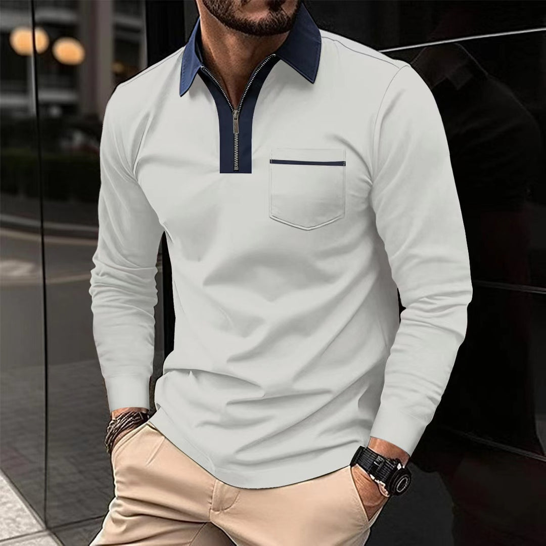 Men's Long Sleeve Polo Shirt with Half Zip, Contrast Collar & Chest Pocket Mune Fashion