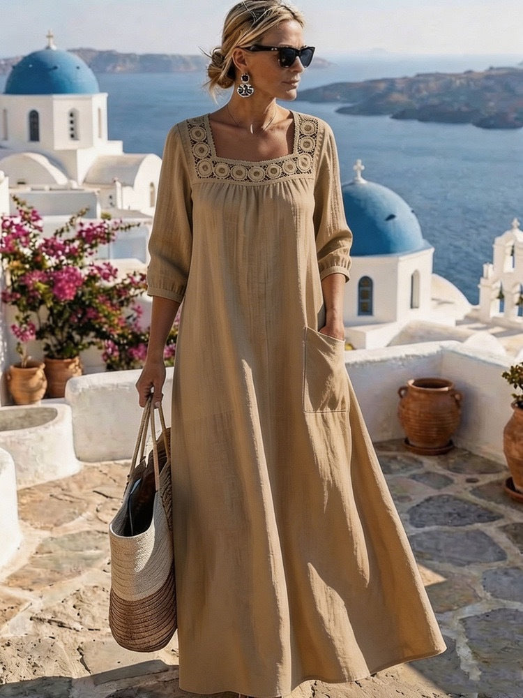 Women's maxi dress with crochet square neckline, three-quarter sleeves, and pocket Mune Fashion