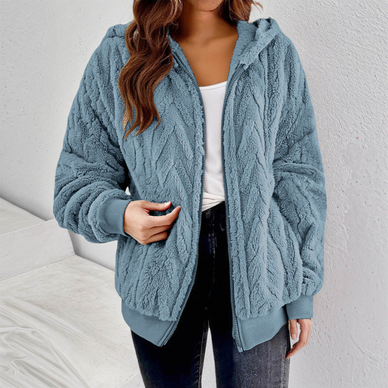 Women's Hooded Teddy Jacket with Zipper, Soft Plush and Elastic Cuff Mune Fashion