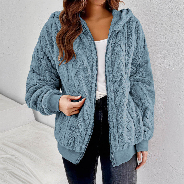 Women's Hooded Teddy Jacket with Zipper, Soft Plush and Elastic Cuff Mune Fashion