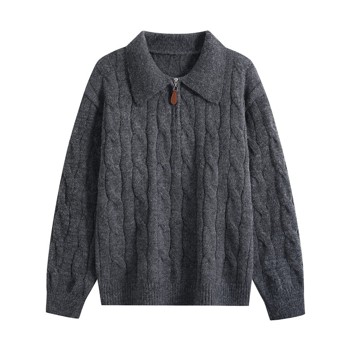 Women's chunky knit turtleneck sweater with half zipper & oversized collar Mune Fashion