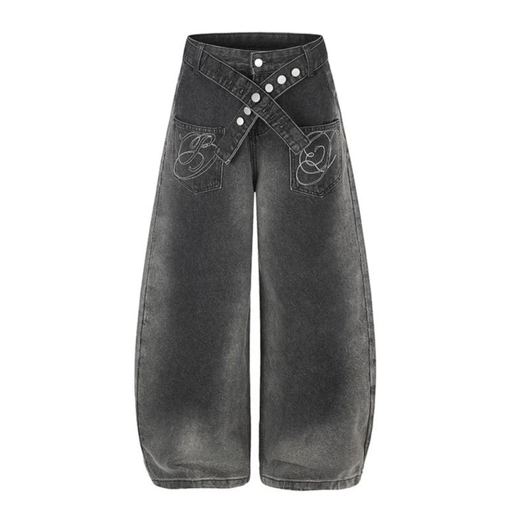 Women's Extra Wide High-Waist Palazzo Jeans with Crossed Decorative Waistband and Embroidered Pockets Mune Fashion
