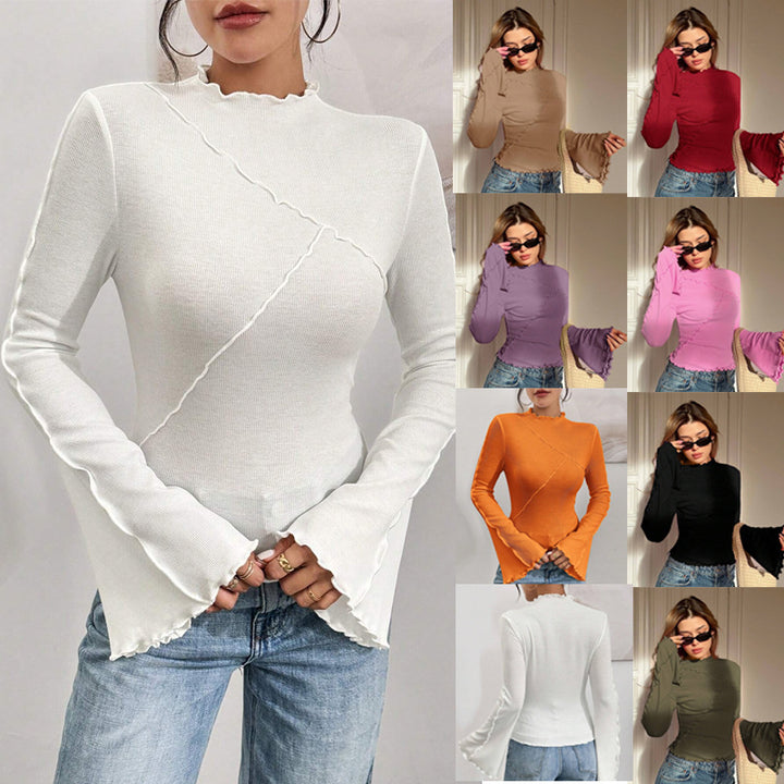 Women's Ribbed Long Sleeve Top with Ruffle Hem and Stand-Up Collar Mune Fashion