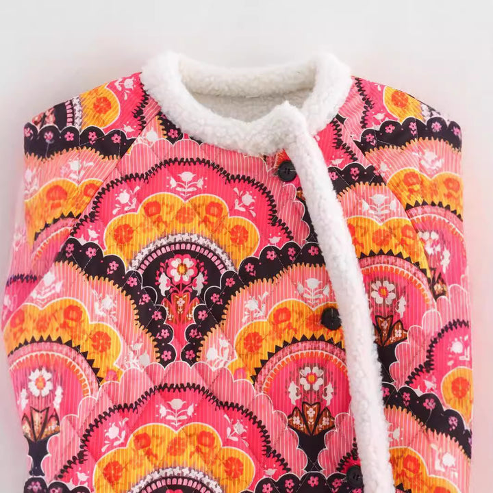Women quilted jacket with teddy lining and retro-inspired allover print Mune Fashion