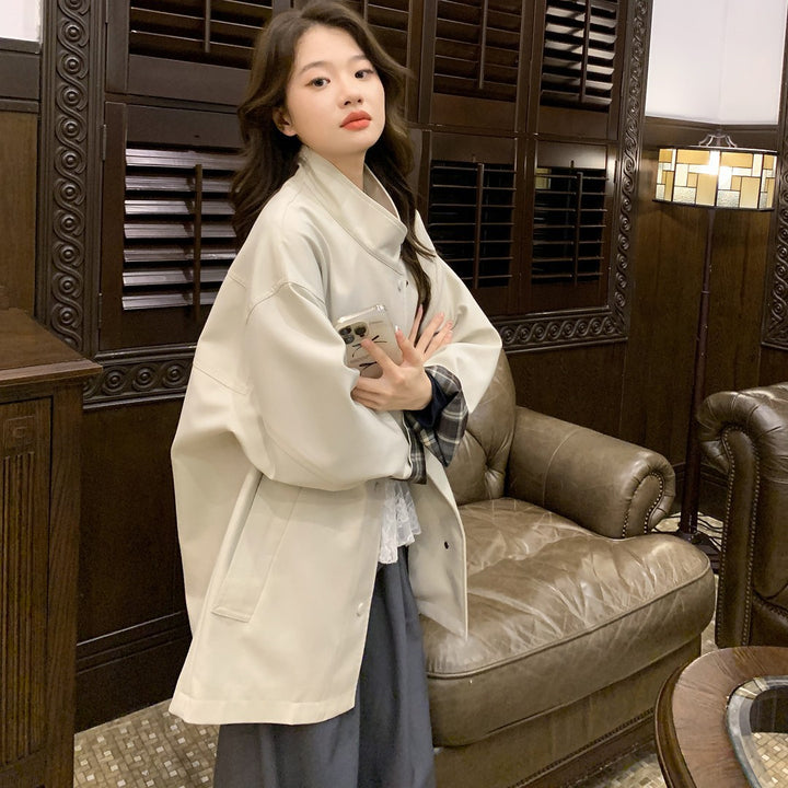 Women Oversized Short Coat with Stand-Up Collar and Checked Sleeve Lining Mune Fashion