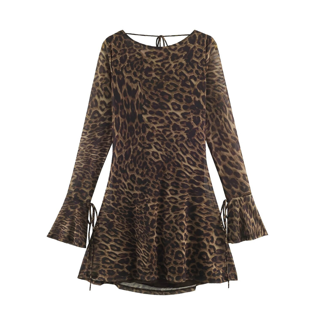 Women Semi-Transparent Mesh Tunic Mini Dress with A-Line, Trumpet Sleeves and Back Lacing Mune Fashion