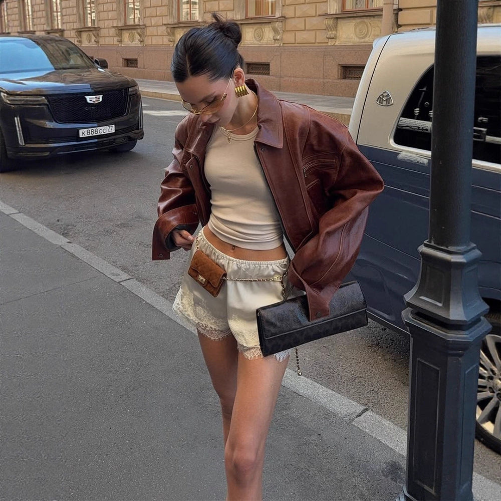 Women's Oversized Faux Leather Jacket in Biker Style with Shirt Collar and Zipper Mune Fashion