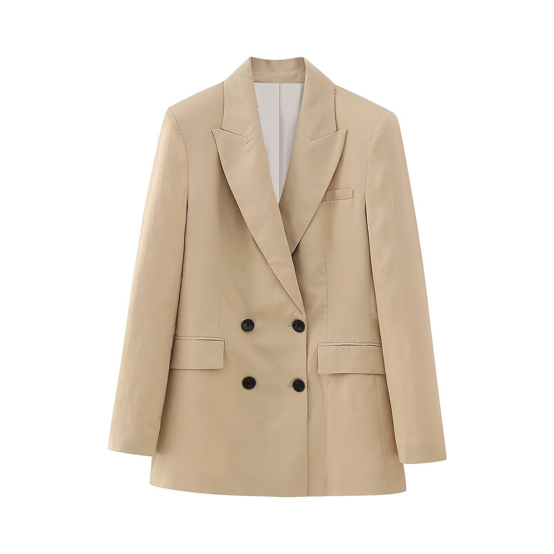 Women's Double-Breasted Longline Blazer with Structured Tailoring and Extended Hem
