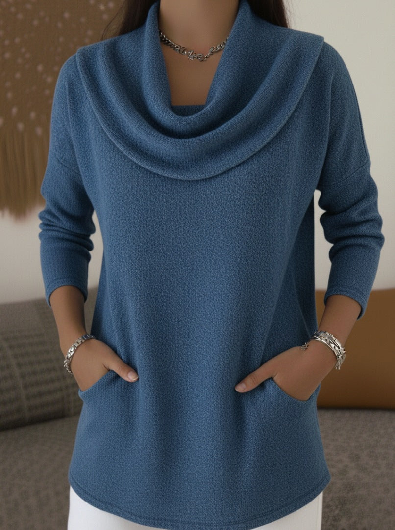 Women's Cozy Fine Knit Sweater with Shawl Collar and Pockets Mune Fashion