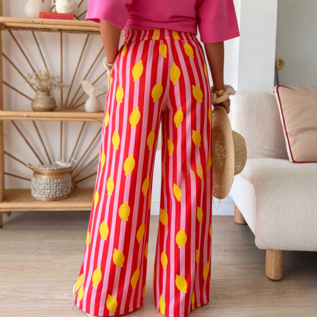 Women's Wide High-Waist Summer Pants with Elastic Waistband, Drawstring and Cheerful Lemon Print Mune Fashion
