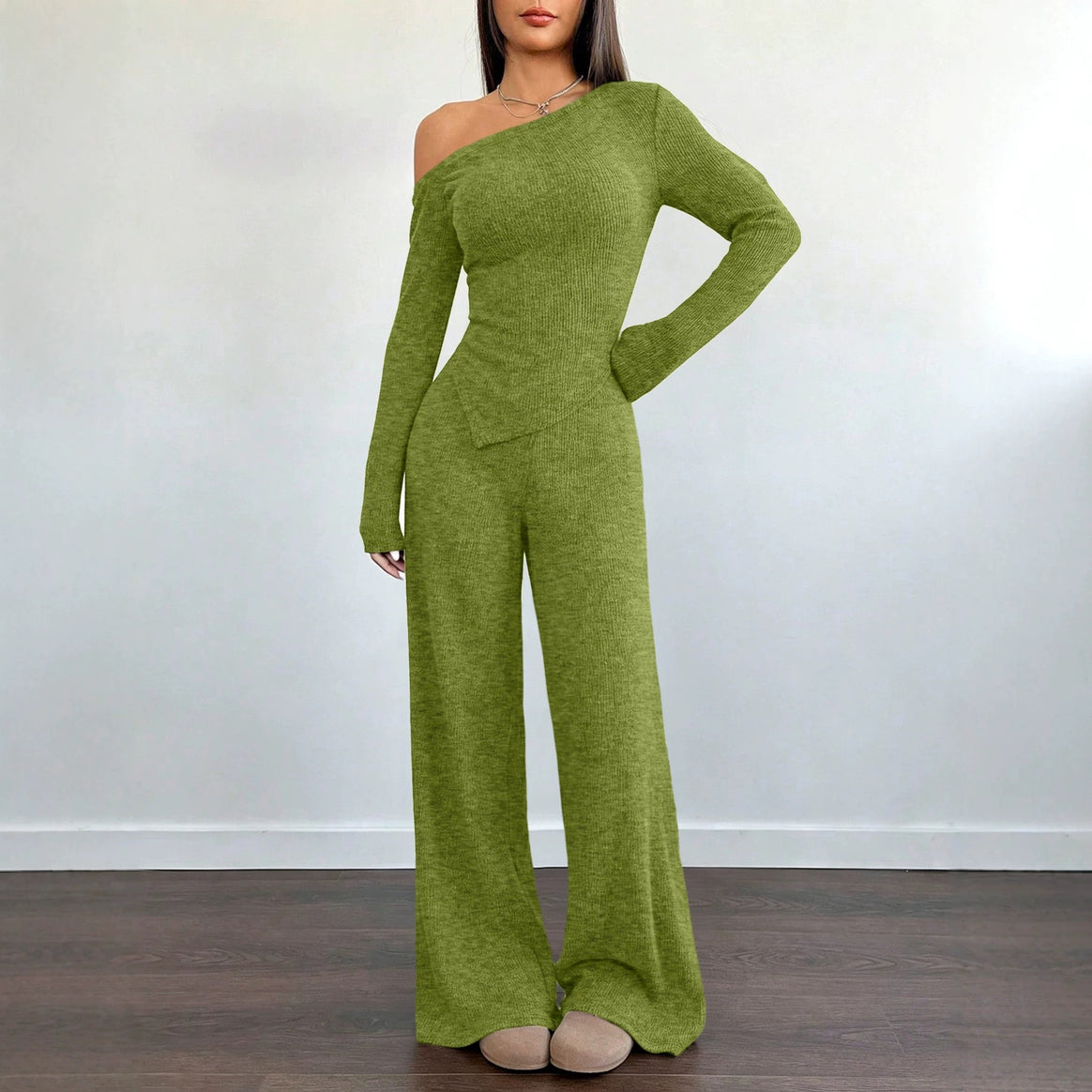 Women's Asymmetrical Knit Lounge Set with One-Shoulder Top and Wide Leg Mune Fashion