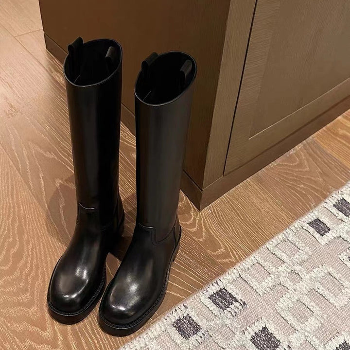 Ladies Knee-High Smooth Leather Boots with Round Toe and Robust Platform Sole Mune Fashion